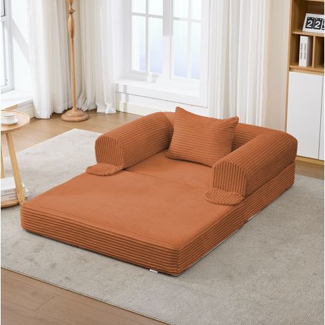 Fauteuil-lit 1 place convertible 120 x 85 x 65 cm en velours côtelé orange OKMYHOME (1/5)