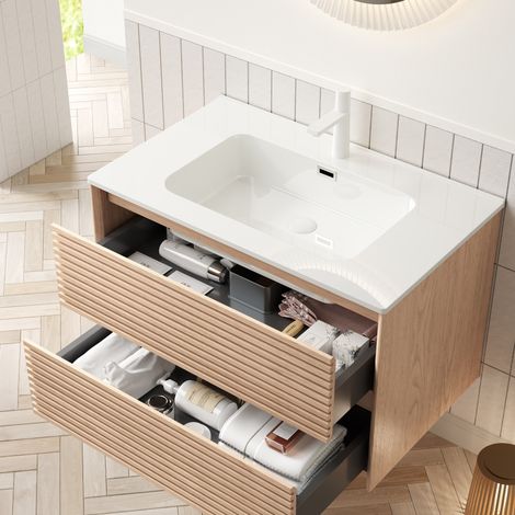 Waschtisch mit Keramikbecken, Nussbaum/Weiß, aus Sperrholz, 2 Soft-Close-Schubladen, vormontiert (1/5)