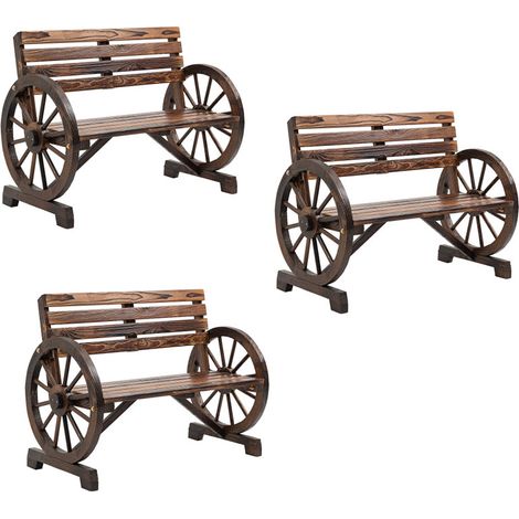3er-Set gartenbank 2-Sitzer  Holzbank mit Wagenrad-Armlehnen im Landhausstil, Tannenholz, Braun, 105,5x56x79cm