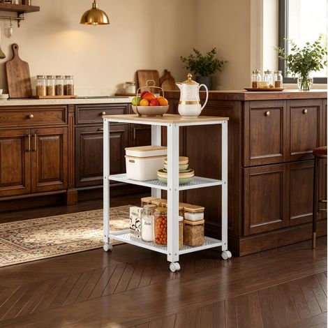 Carro de cocina con ruedas de 3 niveles, 60 x 40 x 76 cm, blanco y roble claro, OKMYHOME (1/5)