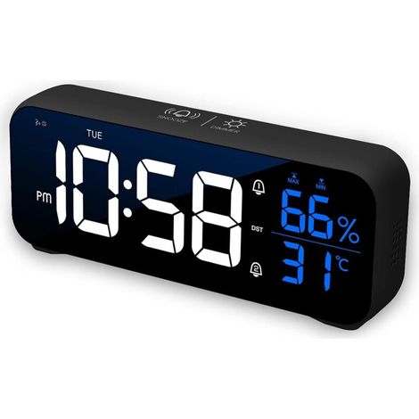 Digitaler Wecker, LED-Digitalwecker mit 2 Alarm-/Schlummer-/Temperatur-/Tonsteuerungen, 12/24-Stunden-USB-Ladefunktion, Spiegel für Schlafzimmer/Büro (schwarz) (1/4)