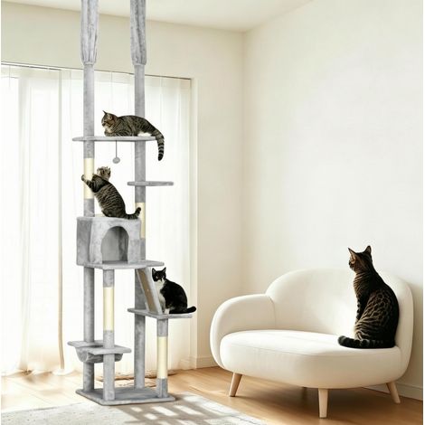 Árbol rascador para gatos regulable con fijación al techo 225-255 cm con cueva y hamaca (1/5)