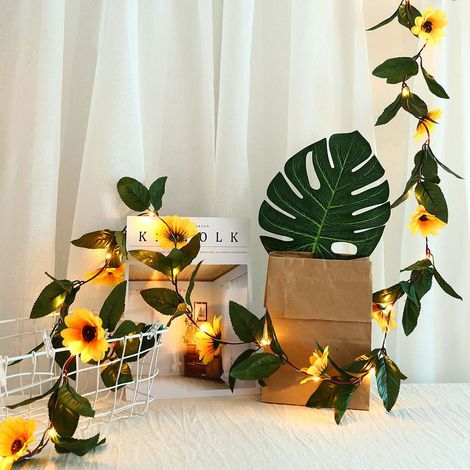 2 m lange Lichterkette mit 30 LEDs, künstlichen Sonnenblumenblättern in warmweißem Grün, ideal für Garten, Hochzeiten und als Dekoration. (1/5)
