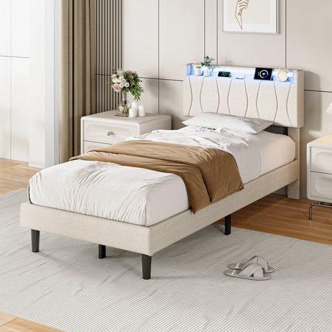 Lit 90x200 cm avec pieds, lit simple en lin, Sommier à Lattes, Tête de Lit avec LED et USB, beige