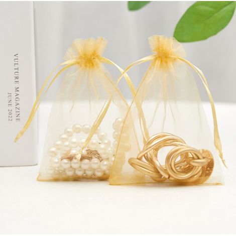 50 sachets en organza avec cordon de serrage, pour emballer des bijoux, des épices, des bonbons, etc., décorations de fête, 10x15 cm, doré. (1/5)