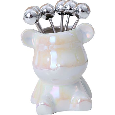 Pot de rangement pour fourchettes à fruits en céramique en forme d'animal mignon, avec 6 fourchettes à fruits en acier inoxydable, base ours, blanc perle.