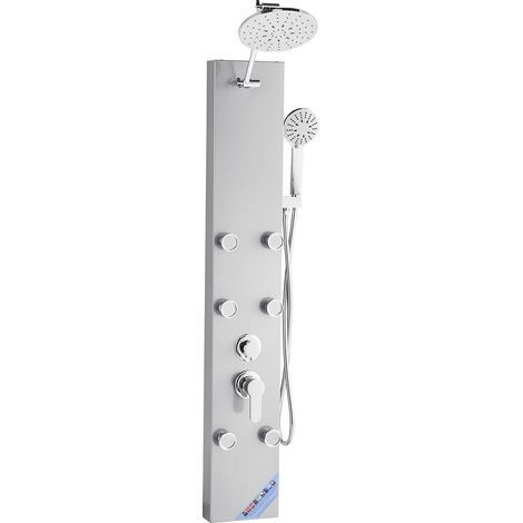 Colonne de douche avec pommeau de douche effet pluie, système de panneau de douchette mural haute pression acier inox brossé 124 cm, robinet 3 fonctions, avec 6 jets corporels, douchette à main (1/5)