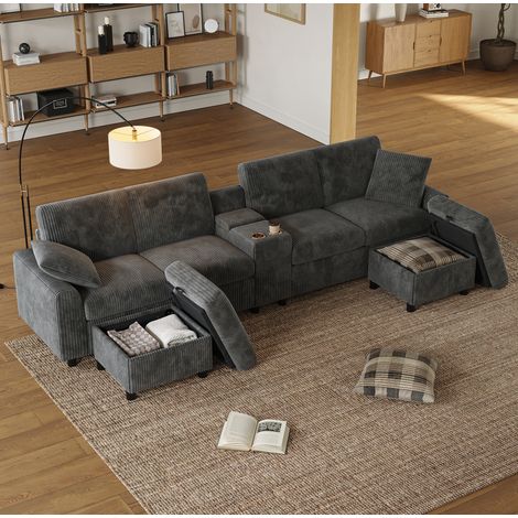 Divano dritto in velluto a coste (panno), con 2 pouf portaoggetti, tavolo e prese integrate, USB e Type-C, grigio, 315x135x81 cm (1/5)