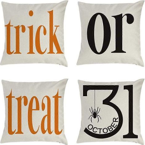 Housses de coussin décoratives d'Halloween 45 x 45 cm, lot de 4, orange et noir, motif « Farce ou friandise », double face, pour l'extérieur, style ferme ou Halloween. (1/5)