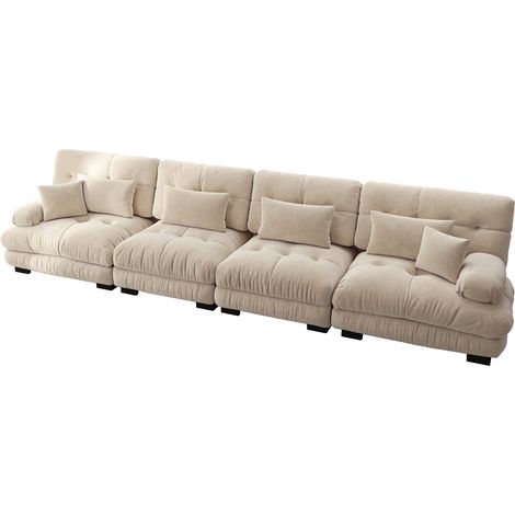 Sofá modular de 4 plazas con asiento profundo en chenilla color marrón claro (1/5)