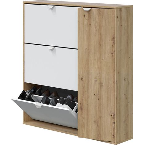 Meuble à chaussures, commode à chaussures avec 4 portes coloris Chêne nordique, blanc artik - hauteur 112 x longueur 105 x profondeur 24 cm (1/5)