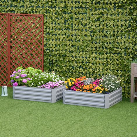 Set di 2 aiuole rialzate, dimensioni 100L x 100W x 30H cm - lamiera d'acciaio ondulata grigia