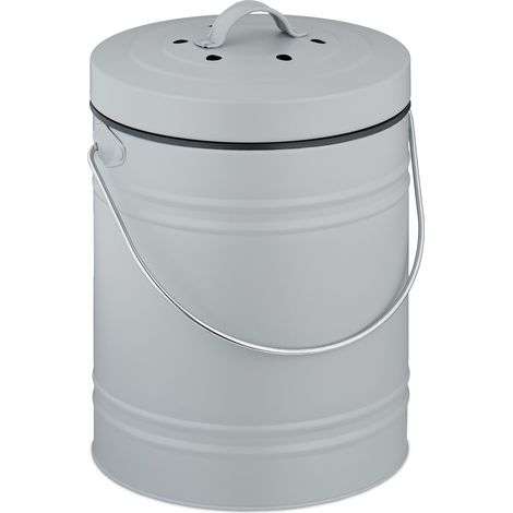 Relaxdays Kitchen Compost Bin, 5 Litres, Iron, Odour Filter, with Lid & Handle, Organic Food Waste Caddy, Round, Grey