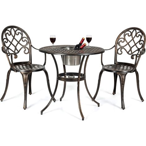 COSTWAY Tavolo Rotondo e 2 Sedie, con Secchio di Ghiaccio, Set Mobili 3 Pezzo da Giardino in Fusione di Alluminio, Stile Antichi, Resistente Alle Intemperie (Bronzo Antico) (1/5)
