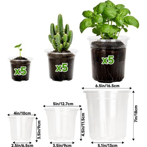 KINGLAKE Pots de Fleurs en Plastique, Pot pour Semis, 10/12.7/16.5 cm, 15 Pcs Godet de Culture Rempotage, Godet Repiquage Plantation Transparent, pour Semis, Orchidées, Graines- Tailles Mixtes (1/4)