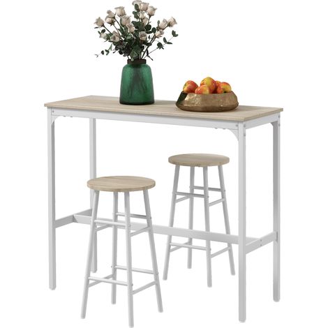 Ensemble table haute de bar + 2 tabourets structure en acier plateau aspect bois naturel 2 personnes blanc