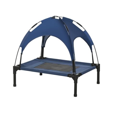 Lit d'extérieur surélevé pour chien avec auvent, protection UV, 61 x 46 x 62 cm, tissu taffetas respirant bleu foncé pour un repos confortable de votre animal.