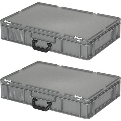 BRB Lot de 2 valises en plastique avec couvercle à charnière Gris 600 x 400 x 130 mm