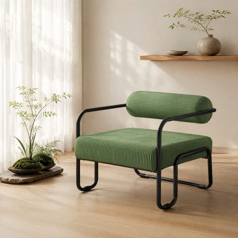 Poltrona lounge 68,5x73x70,5 cm verde, schienale cilindrico, tessuto a coste, metallo nero (1/5)