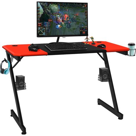 Bureau gaming avec porte-gobelet et supports audio 120 x 60 x 76 cm design moderne en MDF rouge et noir