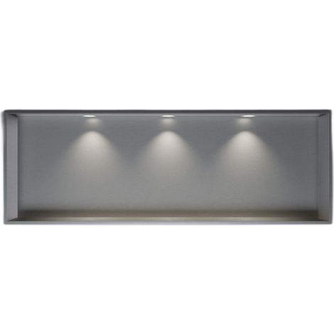 BERNSTEIN - Niche murale douche acier inox + 3 Spots LED, étagère douche encastrable - 30x90x10cm (HxLxP) - Acier brossé, 3x Spot Blanc mat