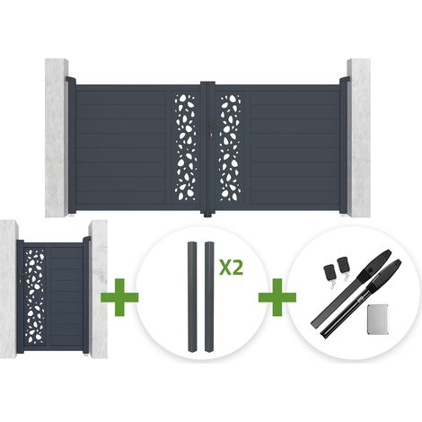 Puerta batiente SUNNY de 3 m, 140 cm de alto, gris + puerta peatonal SUNNY de 1 m, 140 cm de alto + 4 postes + motor Hicker B200