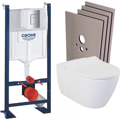 Grohe Pack WC Bâti-autoportant Rapid SL + WC sans bride Bello + Abattant softclose + Plaque chrome + set habillage (1/5)