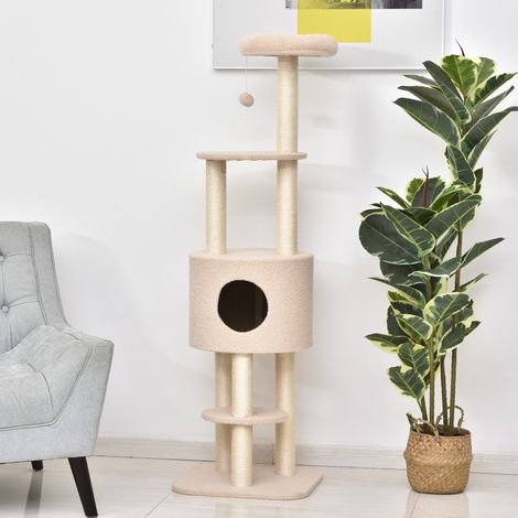 Arbre à chat robuste avec 5 niveaux - beige - cabane de jeux - jouets et corde en sisal - lit pour chien - maximum 30 kg