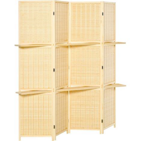 Paravent pliable en bambou naturel avec 2 étagères et pieds protecteurs, 180 x 1,9 x 180 cm (1/5)