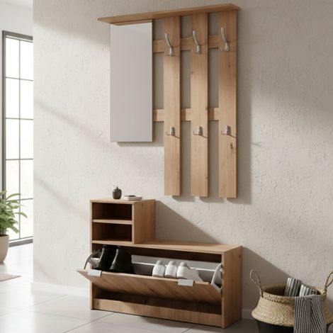 Garderobe Tonengo, mit Spiegel, 4 Ablagen, Kleiderhaken, 100x29x191,5h cm, Eiche Rustikal Braun (1/5)