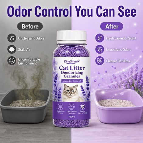 KineShineX Katzenstreu-Deodorierungsgranulat mit Lavendelduft neutralisiert Fäkaliengerüche und hinterlässt einen lang anhaltenden Duft. (1/5)
