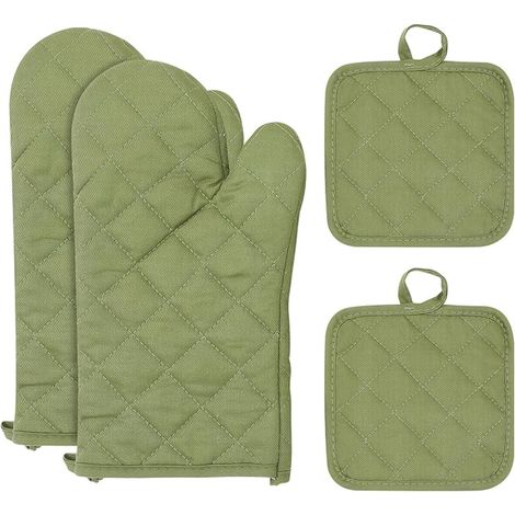 Oven Mitts and Oven Mitts, Cotton Heat Resistant Oven Gloves, Non-Slip Oven Mitts, Oven Mitts for BBQ Oven Microwave Oven (Army Green) (1/5)