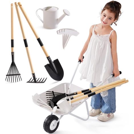Brouette en métal pour enfants avec outils de jardin Gris à partir de 3 ans  Avec arrosoir, outils à long manche, 3 appareils manuels et 4 étiquettes de plantes pour jardin, cour et bac à sable (1/5)