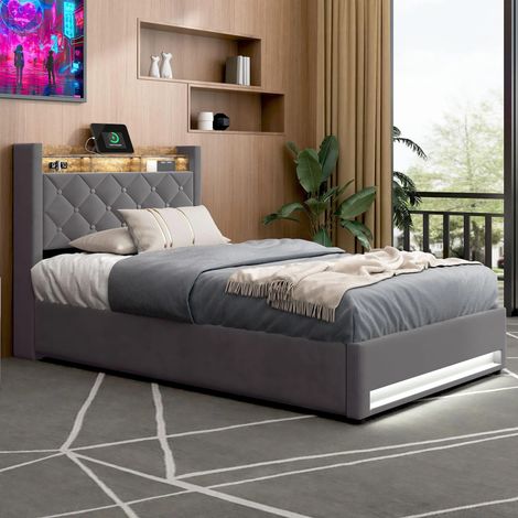 REDOM Letto contenitore 90x190 cm con LED, porte USB e prese, testiera con mensola, rete a doghe, velluto grigio (Senza materasso) (1/5)