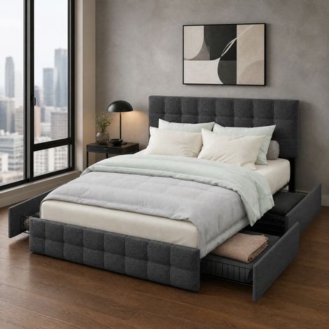 Cama doble tapizada 140x200 cm con 4 cajones, cabecero regulable, gris (1/5)