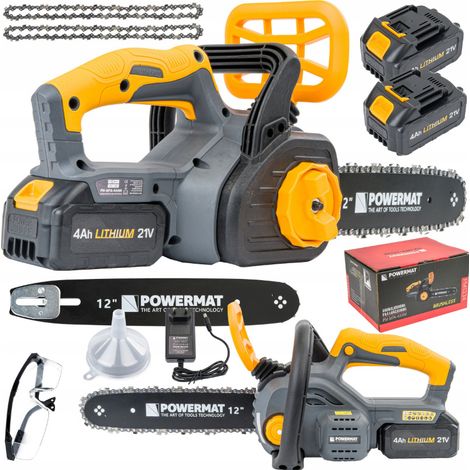 POWERMAT Akku Kettensäge mit 2xLI-ION 21V 4.0Ah 2 x Schwert 12" (305mm) 2 x Ketten und Bürstenlosen Motor, Elektrische Kettensäge Motorsäge für Garten (1/5)