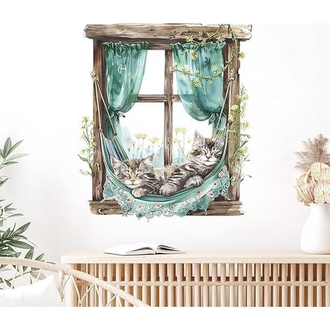 SHINING HOUSE Gefälschte Fenster-Wandaufkleber, Katze, die auf Fensterpflanzen schläft, Wandaufkleber, Dekorationen, abnehmbare, selbstklebende Wandaufkleber für Wohnzimmer und Schlafzimmer (1/5)