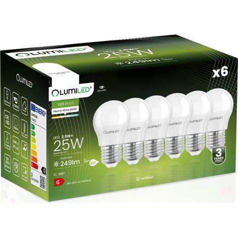 6 lampadine LED E27 a sfera P45 2,5W = 25W 249lm 4000K Neutro 180° lumiled (1/5)