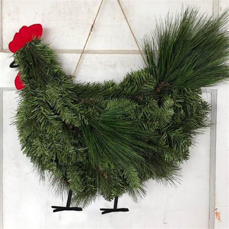 Guirlande De Noël En Forme De Coq - Anneau En Mousse Avec Feuilles Vertes - Décoration De Porte Extérieure - 1 Pièce (1/5)