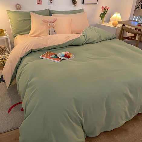 Dicke, gebürstete Baumwoll-Bettwäsche im Studenten-INS-Stil, Hellgrün-Beige, Bettwäsche-Set 180x200 cm mit Spannbettlaken, 1 Stück-lsw