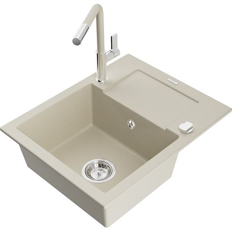 Mexen Enzo 1 Becken-Granitspüle mit Abtropffläche und Mischbatterie Flora, Beige - 6506-69-670401-09 (1/5)