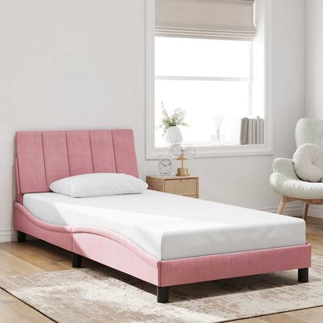 Cadre de lit 100 x 200 cm avec tête de lit en velours rose, sommier à lattes sans matelas - PANGIVO (1/5)