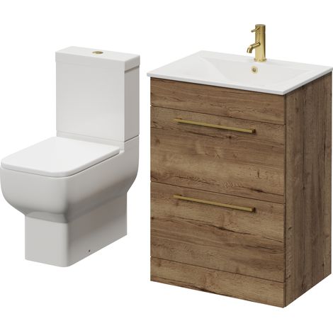 Napoli 460 Tobacco Oak 600mm 2 Drawer Vanity Unit and Tacoma Comfort Height Toilet Suite with Angel Basin - 600mm - Brushed Brass 320mm Handle