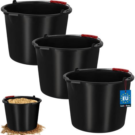 KOTARBAU® Lot de 3 Seau de Maçon - Seau de Construction 12 L - Plastique - Seau de Chantier - Seau à Mortier - Noir - avec Bec Verseur et Anse - Rond (1/4)