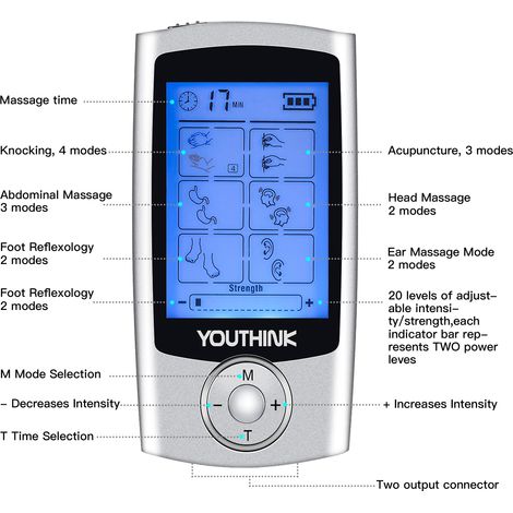 Appareil de massage TENS (stimulateur musculaire à impulsions électroniques), doté de 8 électrodes, de 16 modes et rechargeable. (1/5)