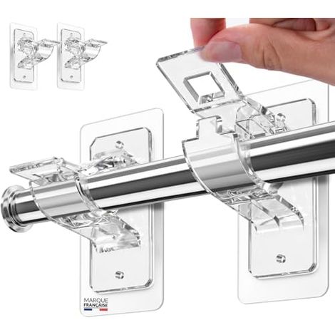 Support Tringle Rideau sans Perçage - Lot de 2 - Ø13-30mm - Garantie Transparent, Marque Française, Auto-Adhésif, Avec vis et chevilles inclus, Charge 8kg Max, Garantie à Vie (1/5)
