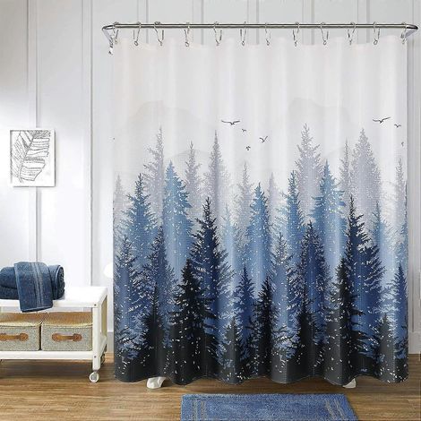 Rideau de douche en tissu bleu pour salle de bain, motif forêt de montagne et arbres. (1/5)