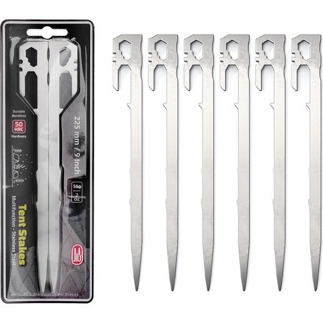 Lot de 6 piquets de tente - Indispensables pour le camping. Piquets robustes en acier inoxydable, légers et essentiels pour le camping, 22 cm (1/5)