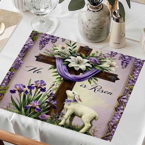 Lot de 4 sets de table, dessous de verre et napperons en polyester imprimés à plat, motif croix de Pâques, fleurs violettes et agneau. Idéaux pour la cuisine et la salle à manger. (1/5)