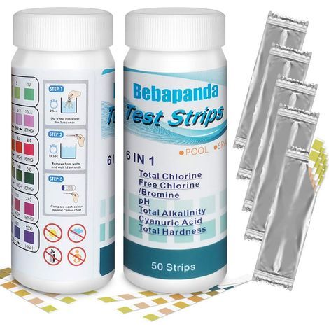 6-in-1-Poolteststreifen zur Bestimmung der Thermalwasserqualität, des Gesamtchlorgehalts, des Restchlor-/Restbromgehalts, des pH-Werts, der Gesamtalkalität, der Härte, der Cyanursäure, 50 (1/5)